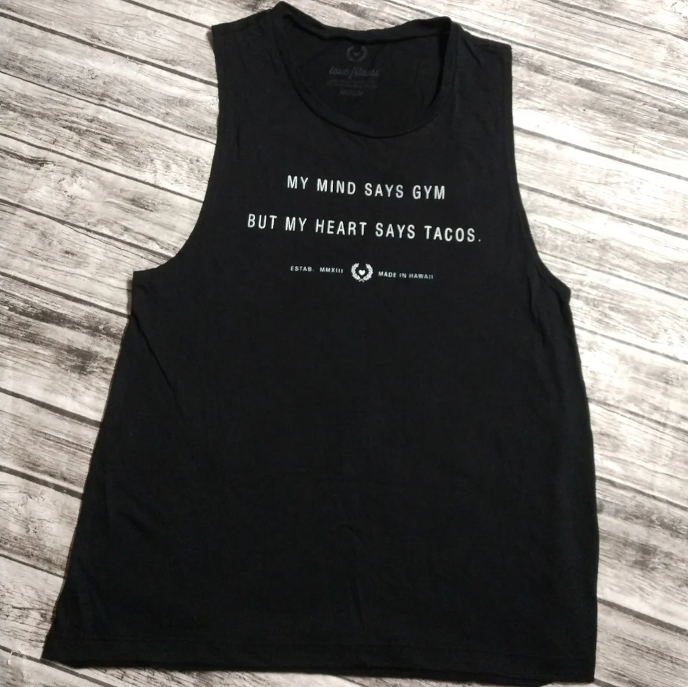 Women's Medium Love Fitness my mond says gym, but my heart says tacos Tank Top M - Picture 2 of 4